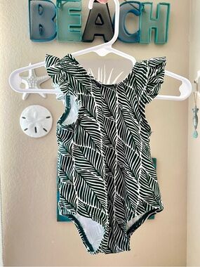 Starting Out White Girls One-Piece Swimsuit with Dark Green Leaf Print